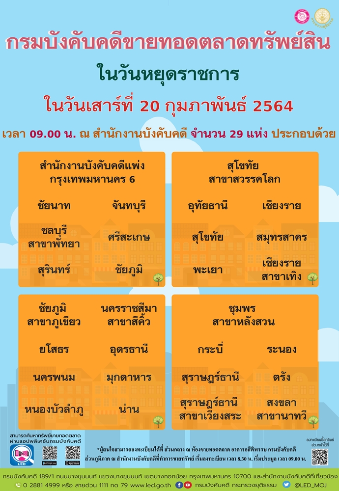 ﻿กรมบังคับคดีจัดการขายทอดตลาดในวันหยุดราชการ วันเสาร์ที่ 20 กุมภาพันธ์ 2564